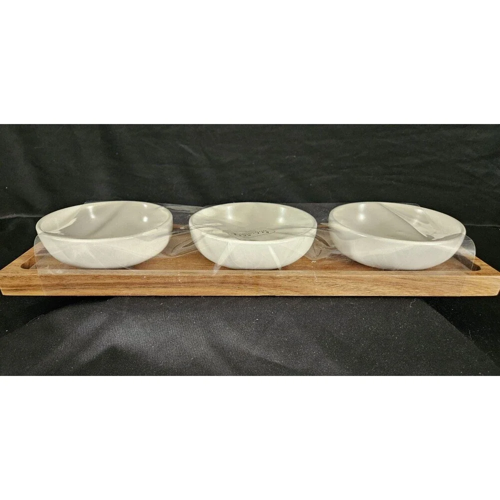 Rae Dunn DIP EAT TASTE Ceramic Bowl Set 4 Pc with Wooden Serving Party Tray New